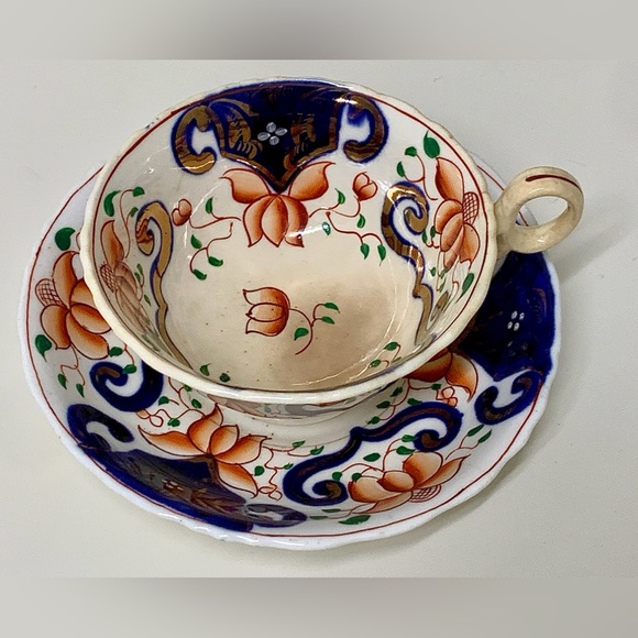 19th Century Antique Gaudy Welsh Crest Pattern Teacup & Saucer Set - Picture 3 of 16